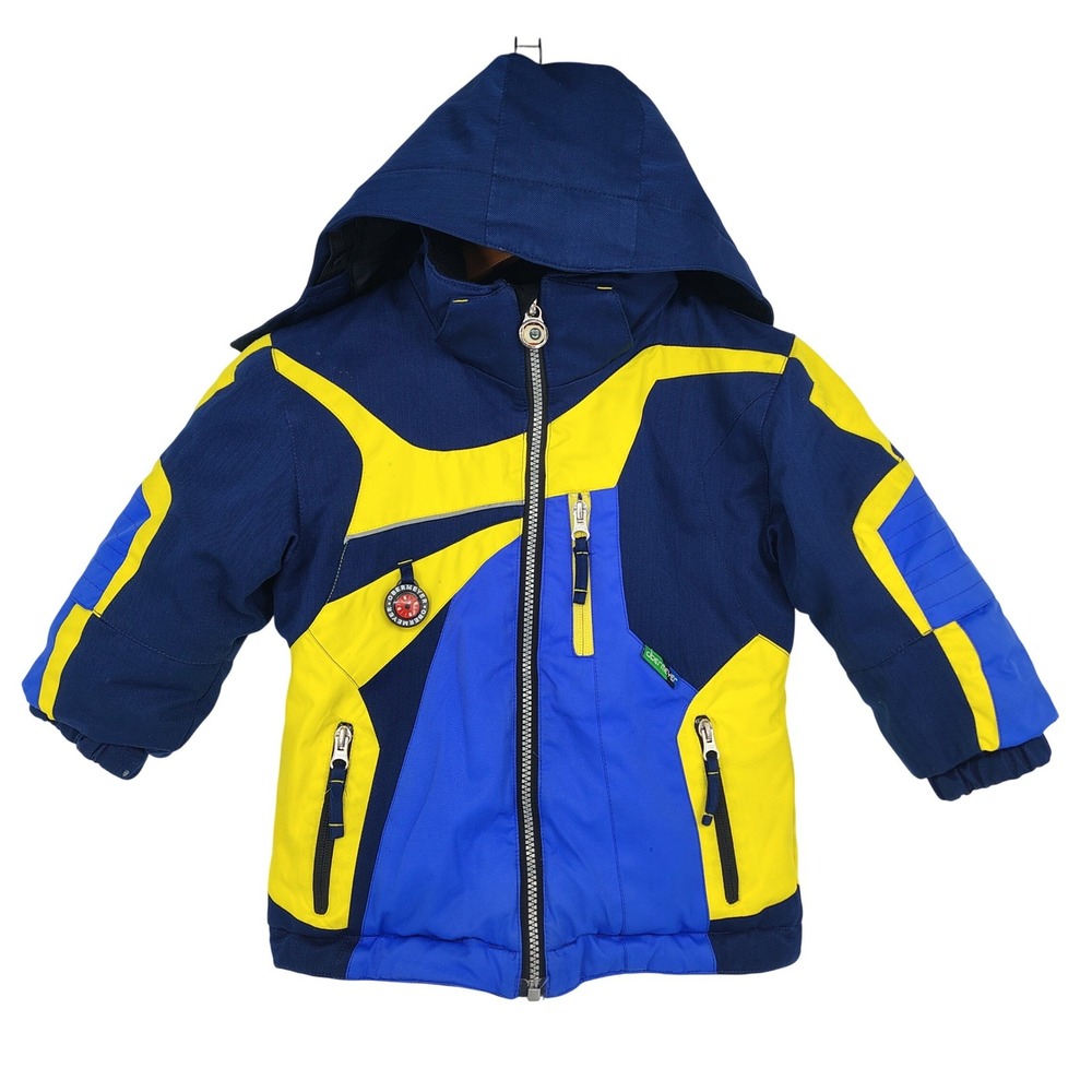 Obermeyer Kids Ski Snowboard Jacket Blue Yellow Size 4 Hooded Winter Coat Skiing